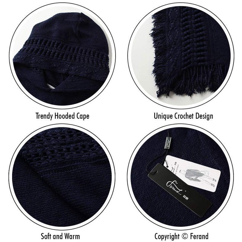 Ferand Ladies' Hooded Cape with Fringed Hem, Crochet Poncho Knitting Patterns for Women, Navy Blue - Image 4
